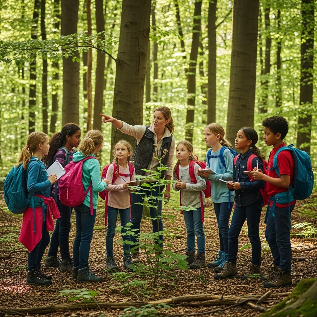 Children aged 9 to 12 on a class trip in a forest, doing a nature discovery activity with their teacher, wearing boots and backpacks, surrounded by trees and sunlight.