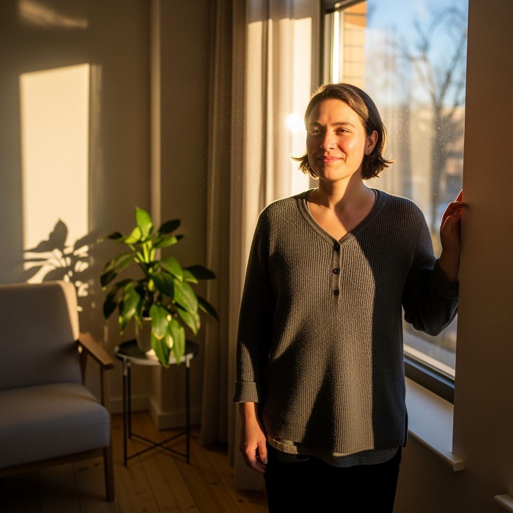 A smiling adult looking relieved and emotionally lighter after a therapy session, standing near a window with warm sunlight, natural interior, serene expression, very high detail and hyper-realistic texture.