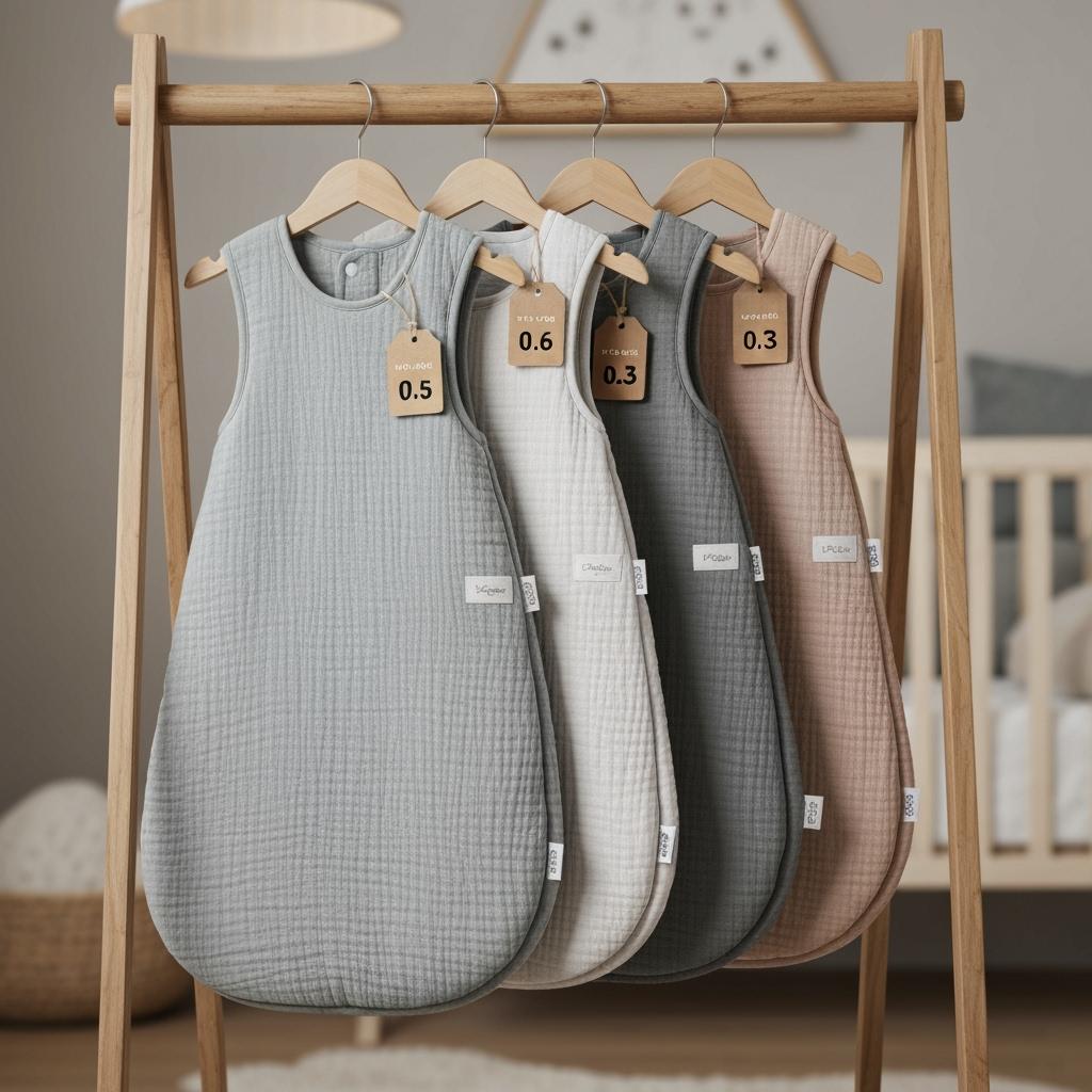 photo of four baby sleeping bags hanging on a wooden rack, each tagged with TOG rating (0.5 to 3), made of cotton