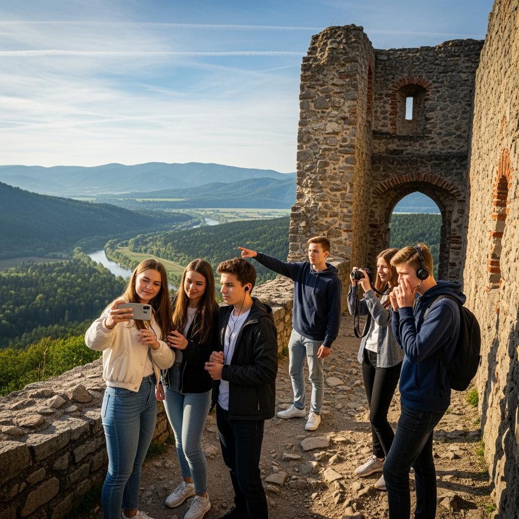 Group of teenagers visiting a historical castle or landmark, taking photos and listening to an audio guide, stone walls, scenic view in the background, respectful and curious attitude.