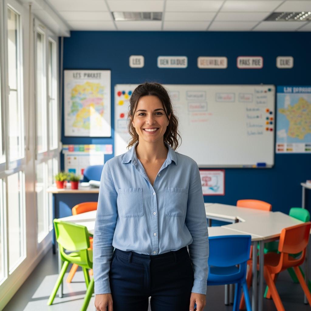 A young French elementary school teacher standing in a bright classroom, smiling confidently, age 28–35, natural light, casual but professional outfit, modern French school background, hyperrealistic photo style, shallow depth of field
