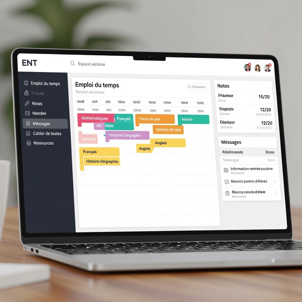 mockup of a French school ENT interface on a laptop, showing timetable, grades, and school messages, clean and user-friendly design.