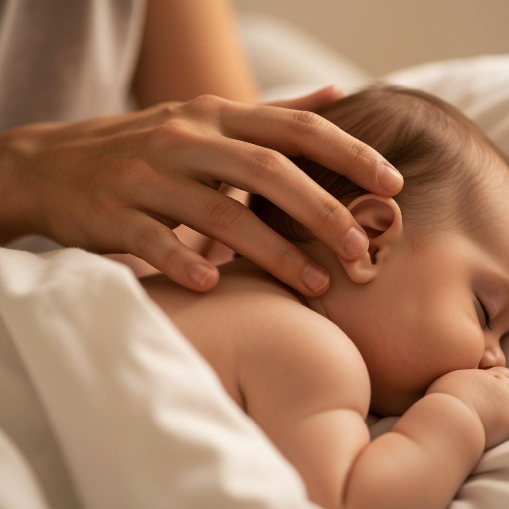 photo of a parent's hand gently touching the nape of a sleeping baby’s neck, soft lighting, cotton sheets, calm expression.