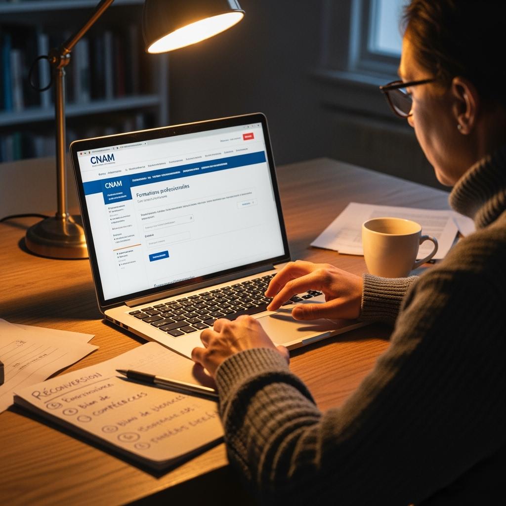 adulte qui s'informe de possibles reconversion sur le site de la CNAM depuis son pc portable