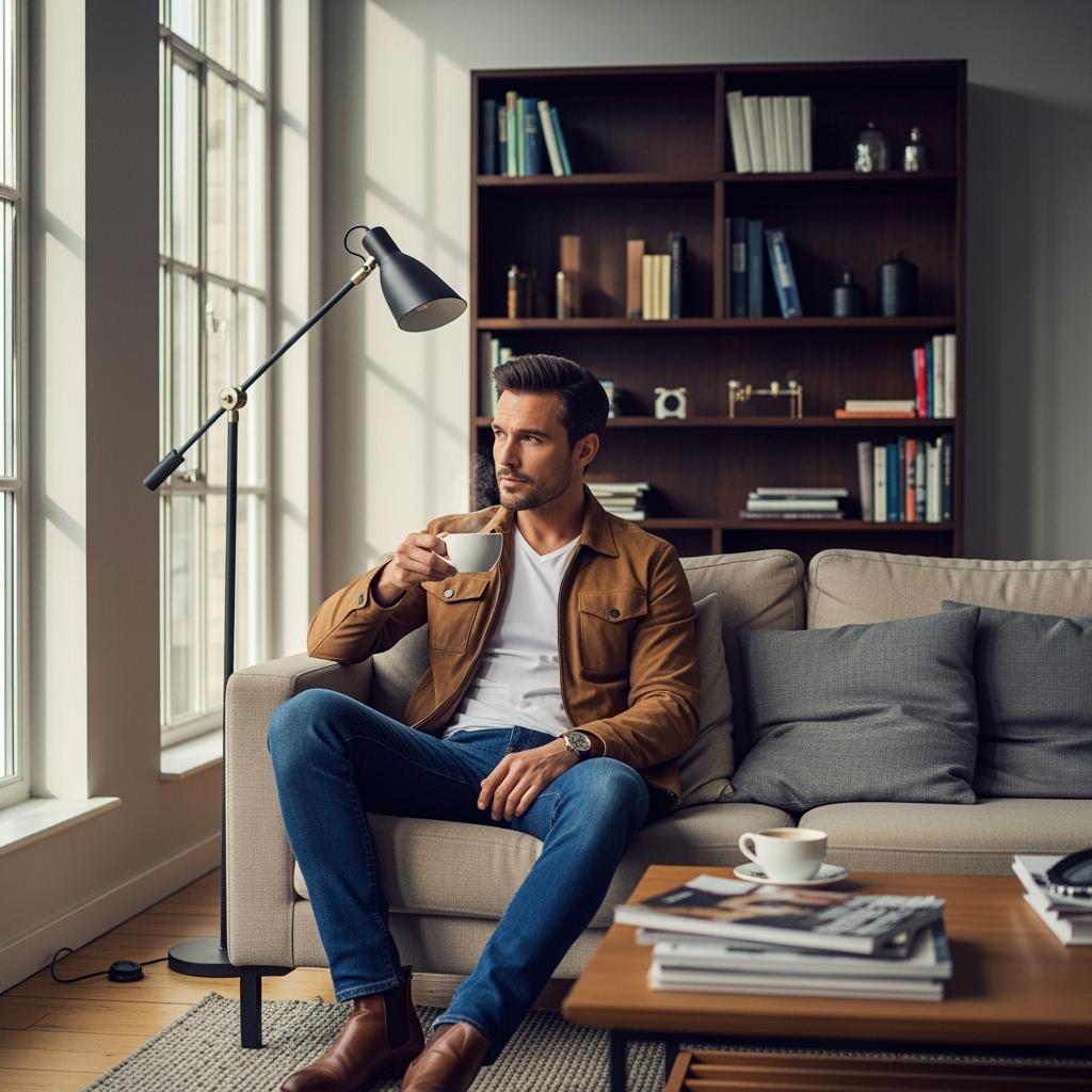 Un homme élégant assis dans un salon moderne et lumineux. Il est assis confortablement sur un canapé beige