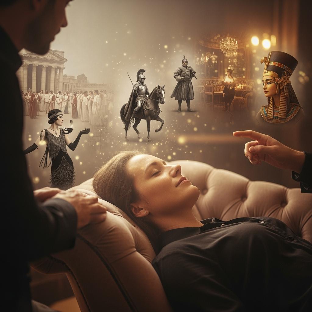 A symbolic and dreamy scene of a person under hypnosis imagining past lives, with faint superimposed images of historical figures or ancient scenes in the background, soft focus, warm tones, hyper-realistic composition.