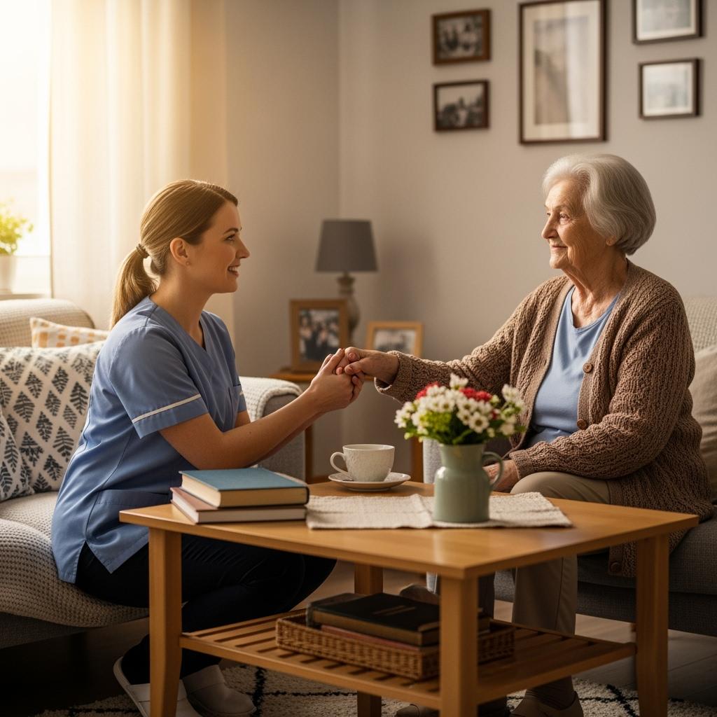 Auxiliaire de vie souriante tenant la main d’une dame âgée, dans un salon modeste, avec une table bien rangée