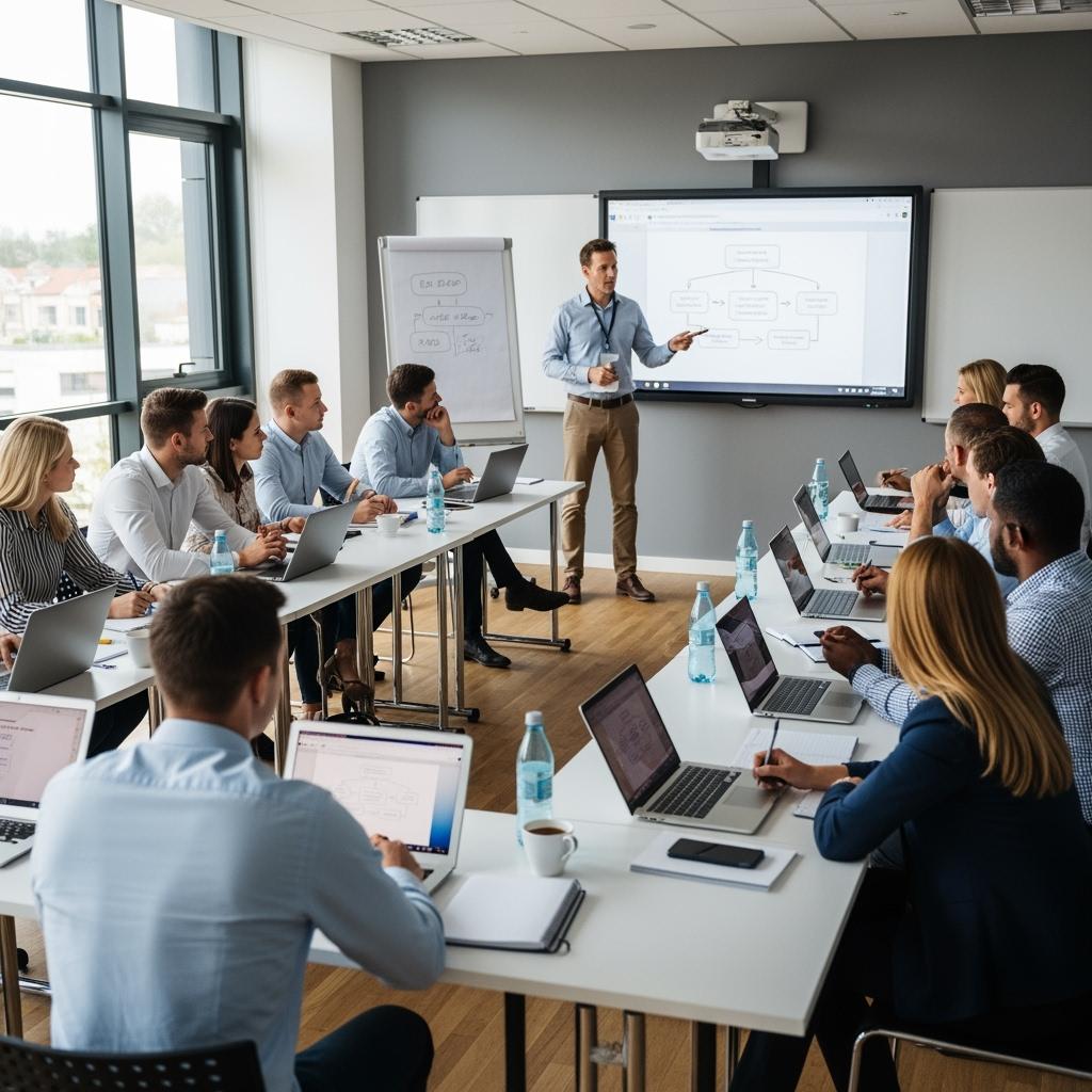 Groupe d’adultes en formation professionnelle, en salle de classe moderne, mixité hommes-femmes, tranches d’âge variées