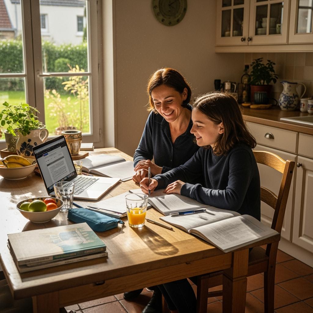 photo of a smiling French mother and her teenage child (around 12–13 years old) sitting at a kitchen table with school papers, laptop open, sunlight through the window, cozy home atmosphere. French suburban interior