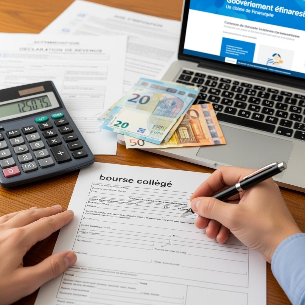 French financial documents, calculator, a laptop with an online government portal open, and hands filling out a school form. Papers marked “bourse collège”, euro bills partially visible.