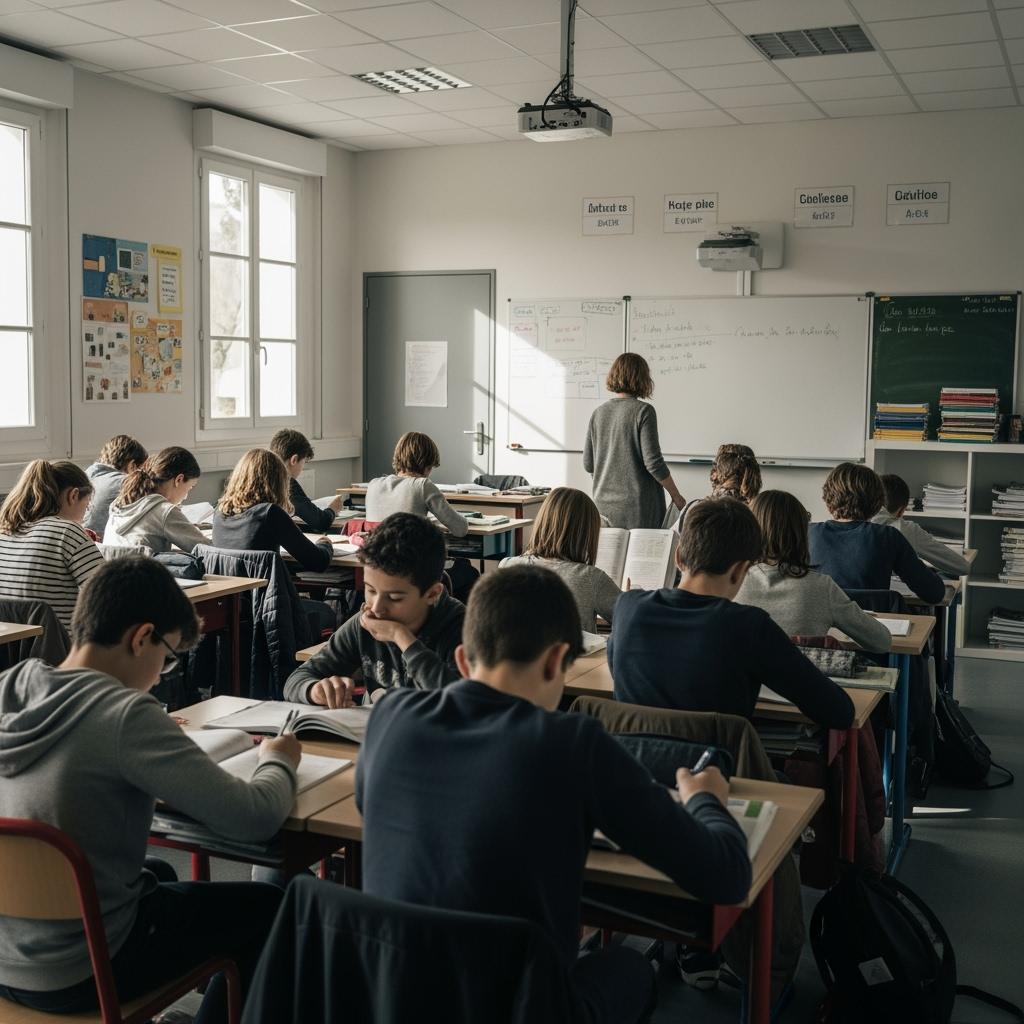 salle de classe de collège en France, lumière naturelle, élèves concentrés à leurs bureaux