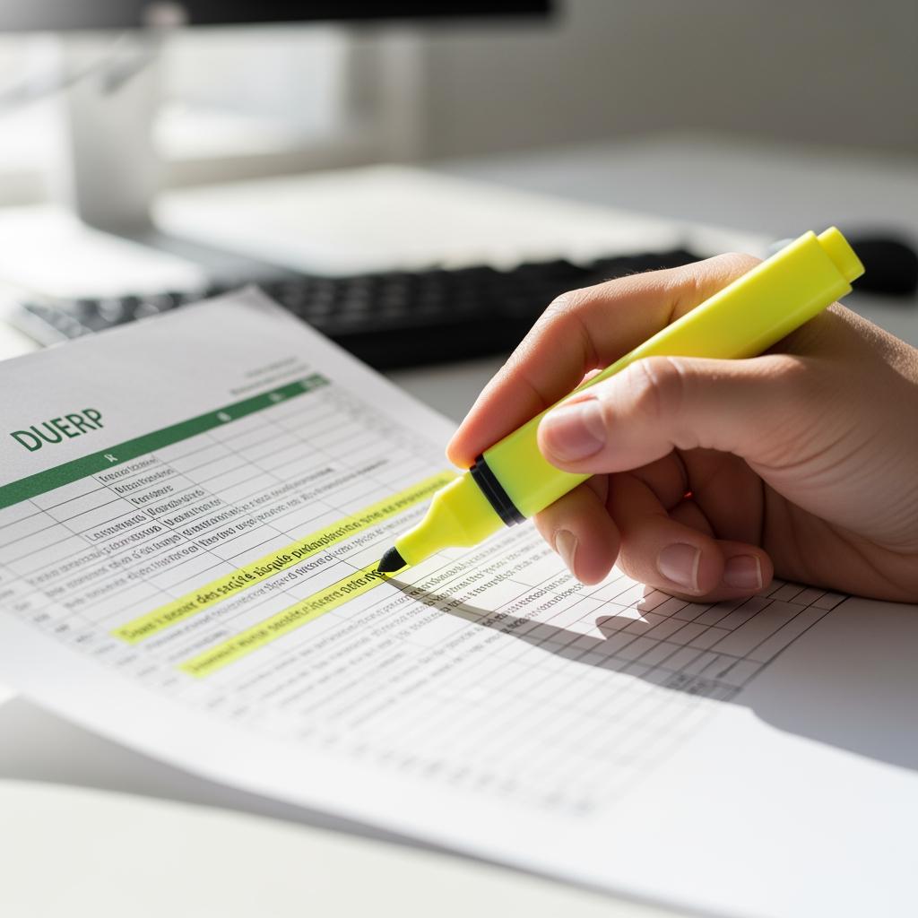 Gros plan sur une main qui surligne un extrait du DUERP, documents de prévention des risques, tableau Excel imprimé