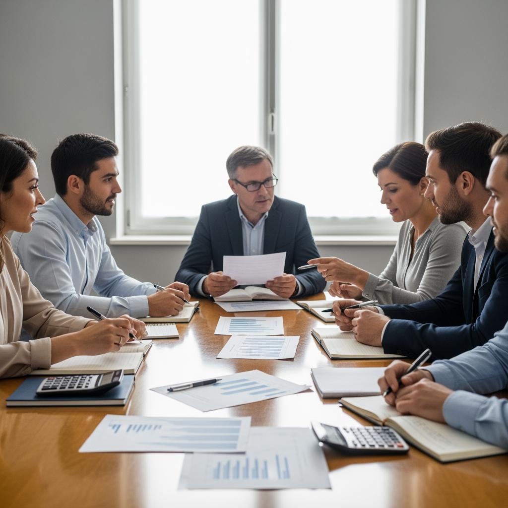 Réunion CSE en entreprise, élus et employeur en discussion autour d’une table de réunion, stylos et documents économiques étalés