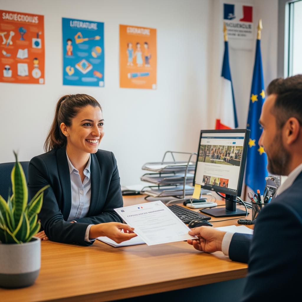 Scene inside a modern French school administration office, a warm and professional atmosphere. A smiling administrative assistant hands a printed certificate of enrollment to a parent.