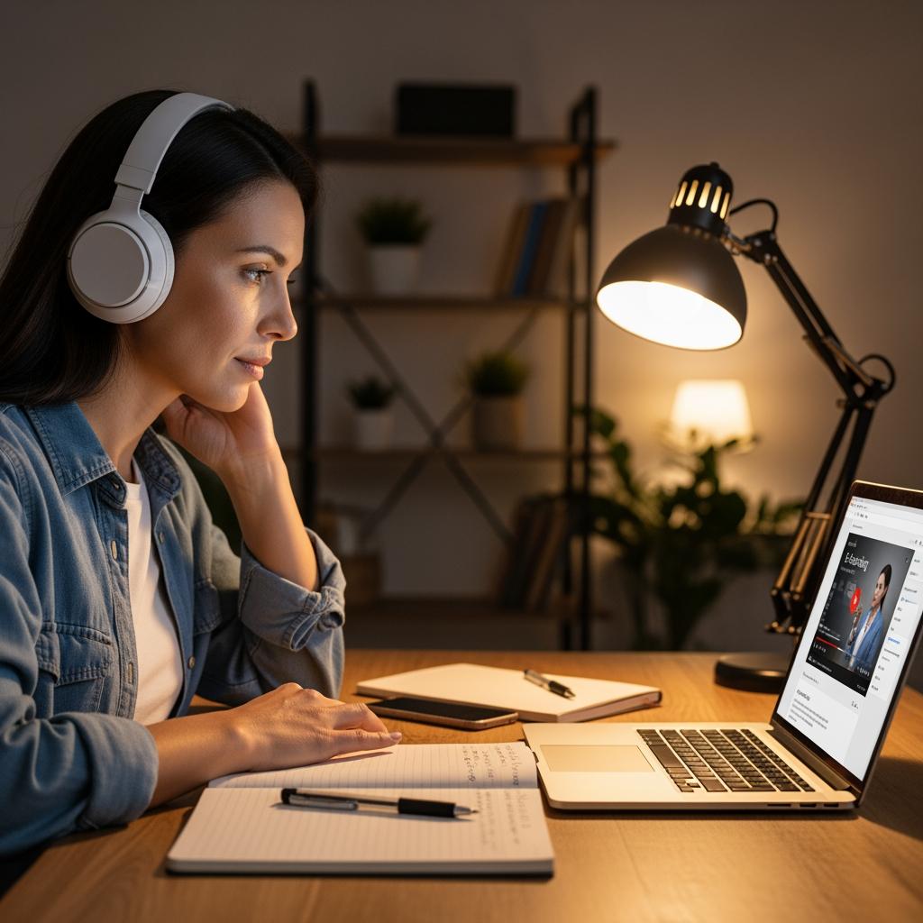 femme adulte en reconversion suivant une formation en ligne, casque audio, carnet de notes, ordinateur portable affichant une plateforme e-learning