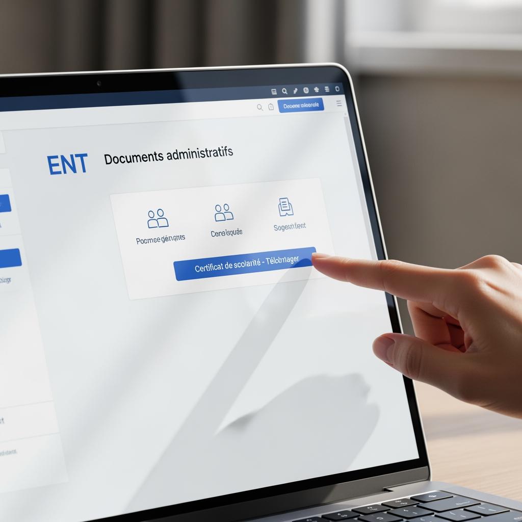 Close-up hyper-realistic 8K shot of a laptop screen showing a French ENT interface with a section named “Documents administratifs