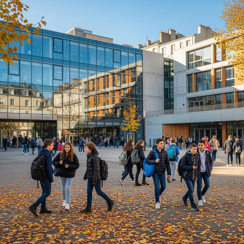 eleves dans la cour de leur etablissement scolaire a asnieres sur seine 