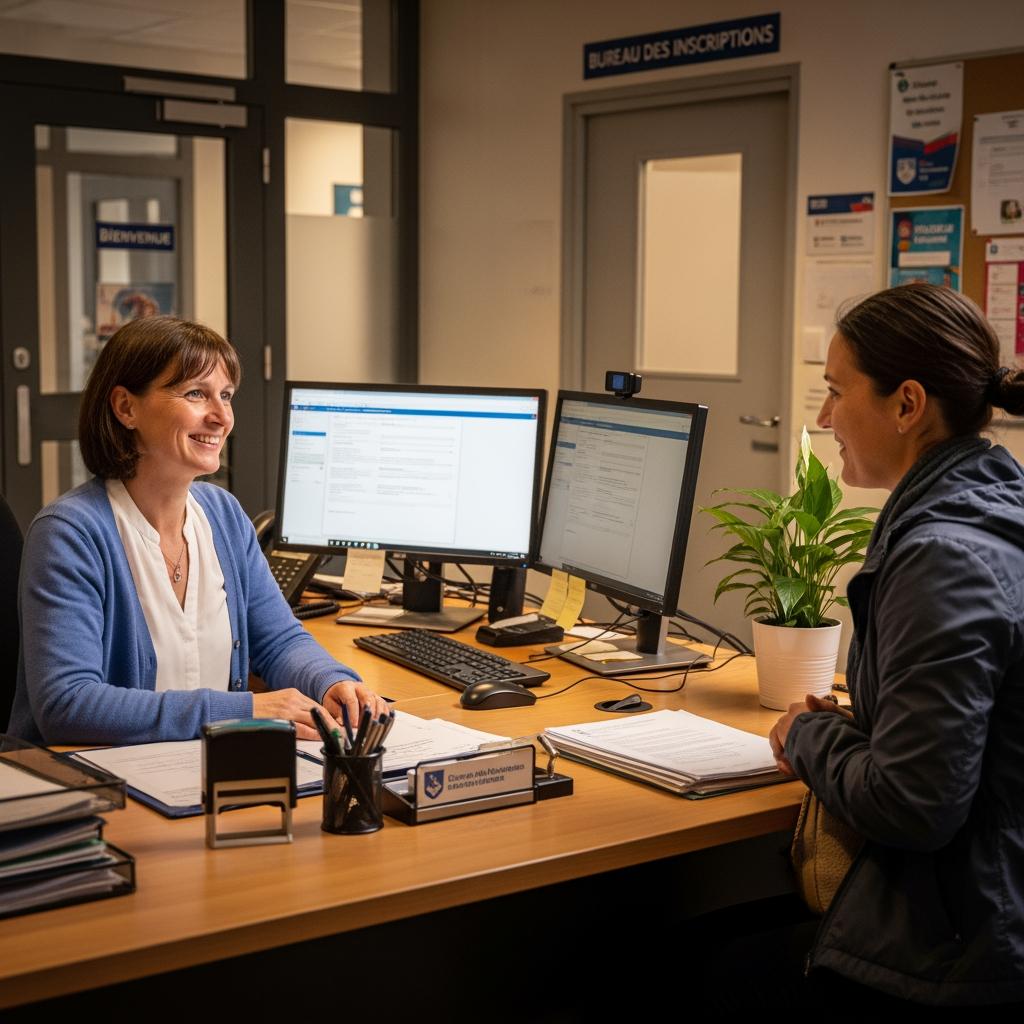 photograph of a school front office in France. A friendly staff member sits behind a clean, organized desk with computers, documents and a stamp