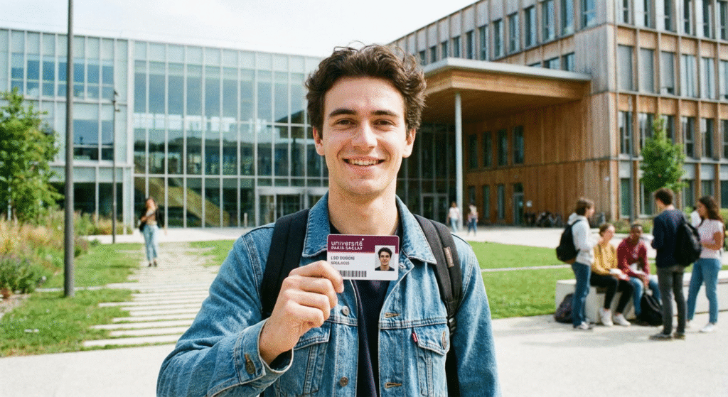 Étudiant souriant montrant sa carte étudiante devant un campus moderne, en journée, style réaliste lumineux.