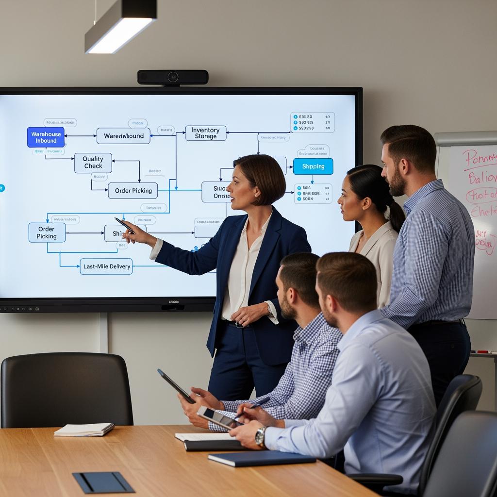 Formateur expliquant un flux logistique sur écran tactile à un petit groupe d’apprenants adultes, ambiance collaborative et professionnelle
