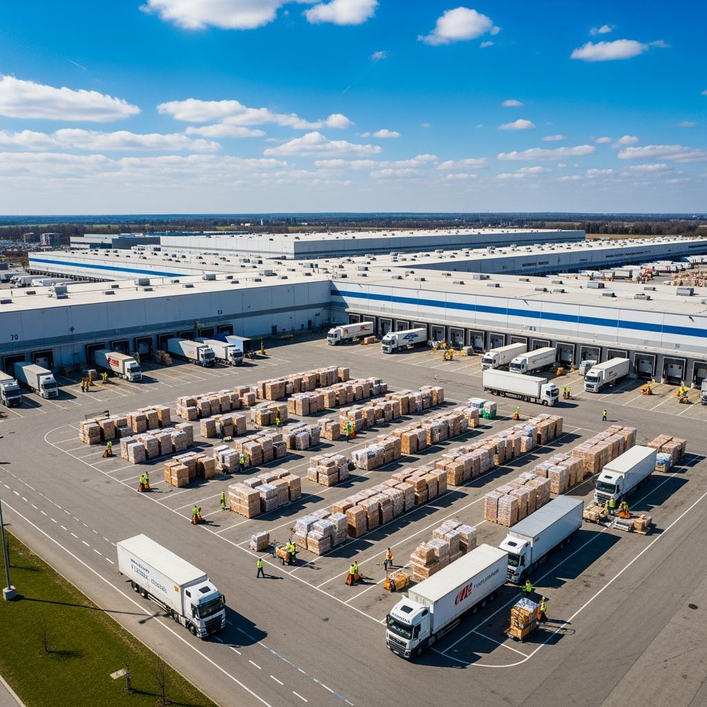 Vue aérienne réaliste d’un centre logistique avec camions en chargement, personnel en gilet fluo, palette organisée, ciel bleu