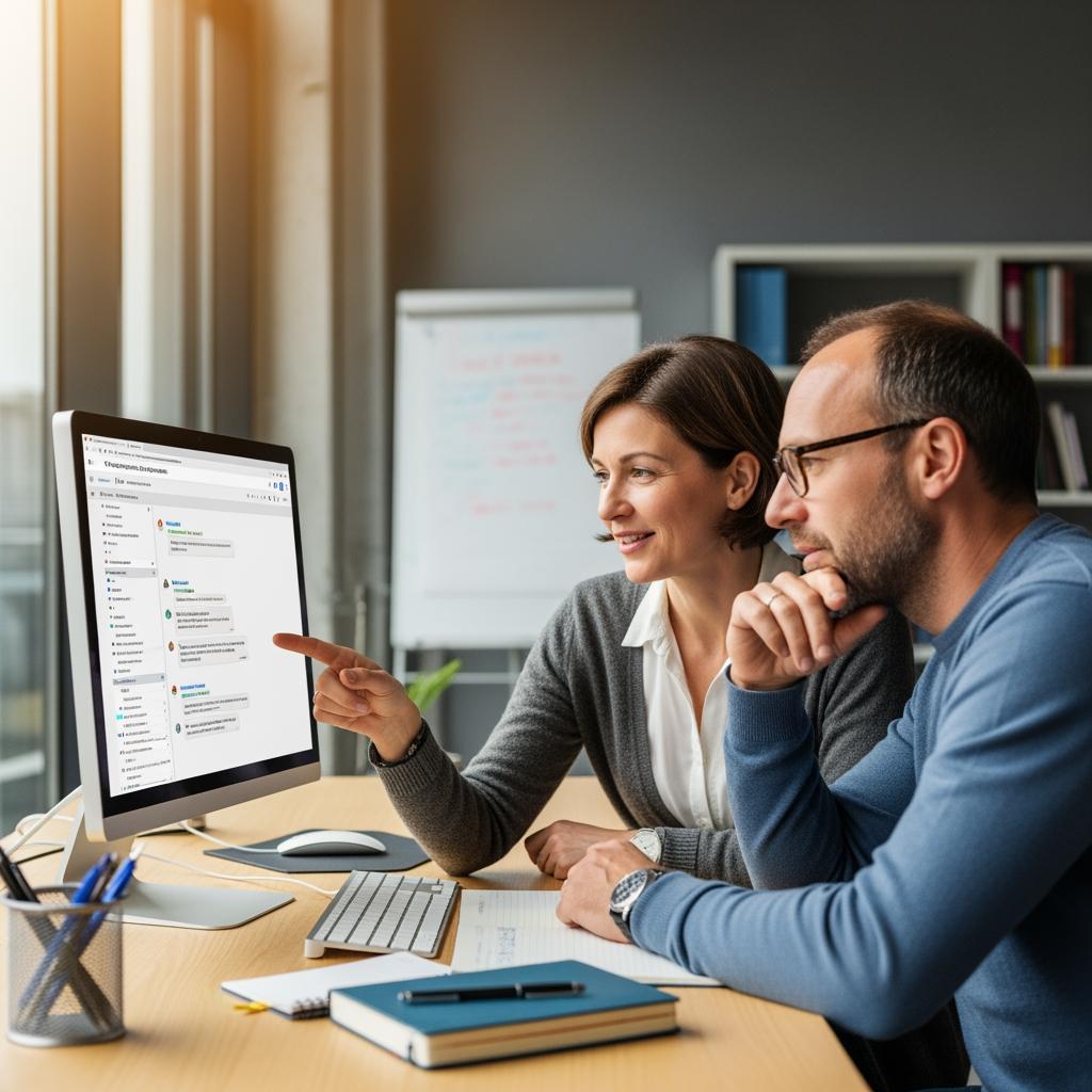 eux enseignants français en discussion devant un ordinateur, consultation d’une messagerie professionnelle éducative