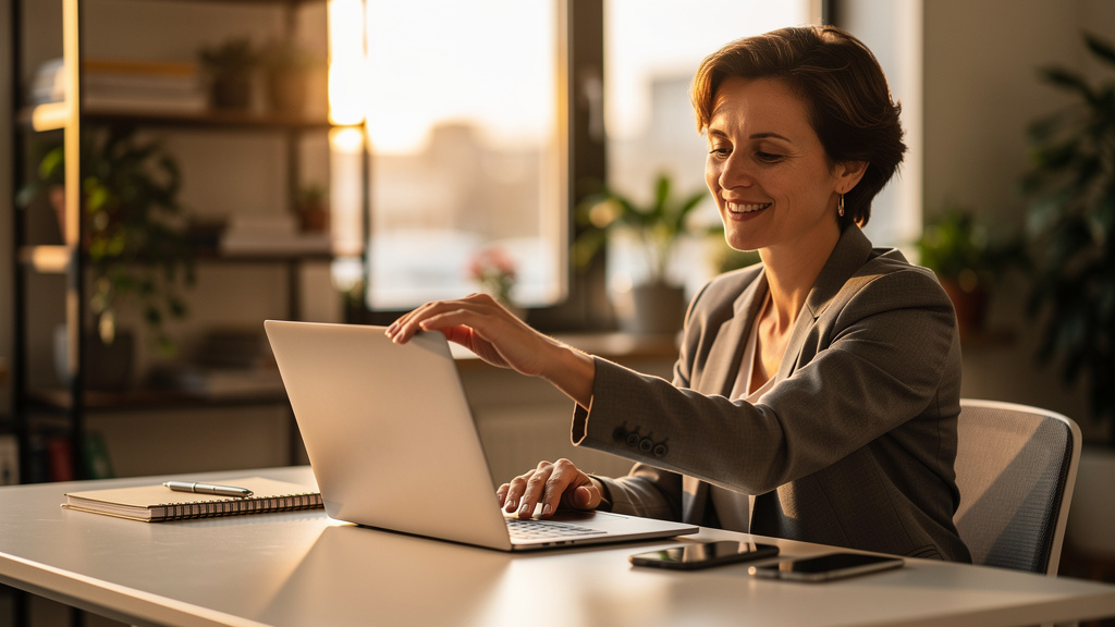 adulte souriant, détendu, refermant un ordinateur portable après avoir pris une décision, posture confiante, lumière chaude