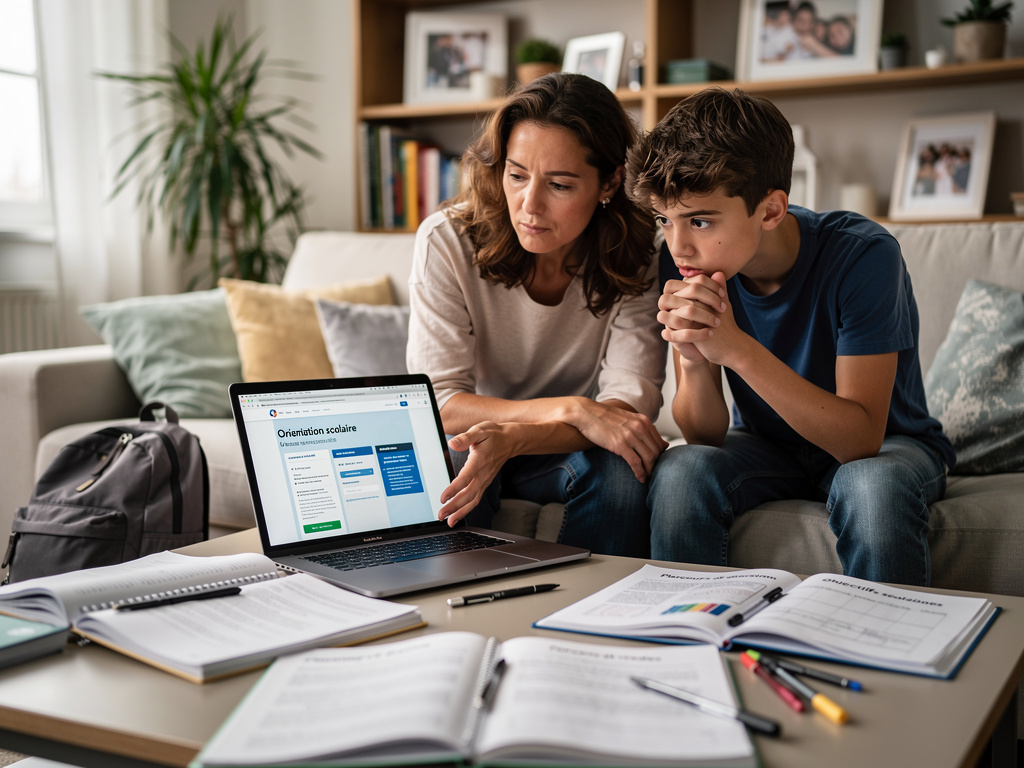  parent et d’un adolescent assis côte à côte dans un salon lumineux, regardant ensemble un ordinateur portable avec des informations d’orientation scolaire