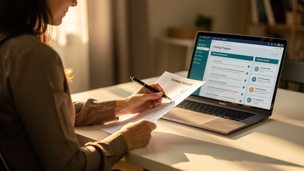 personne adulte cochant une checklist sur papier avec un stylo, ordinateur portable ouvert affichant un programme de formation détaillé, posture assurée, lumière chaude de fin de journée