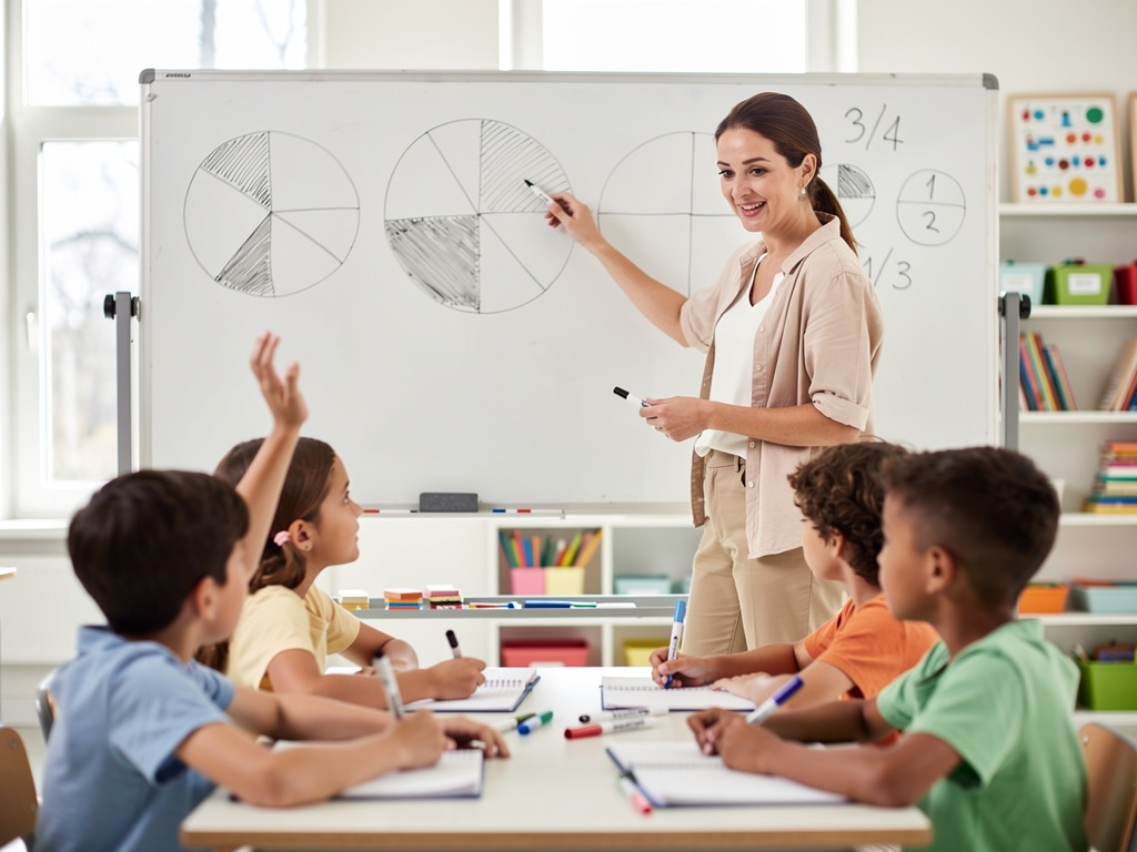 professeur ecole apprend les fractionbs a ses jeunes eleves