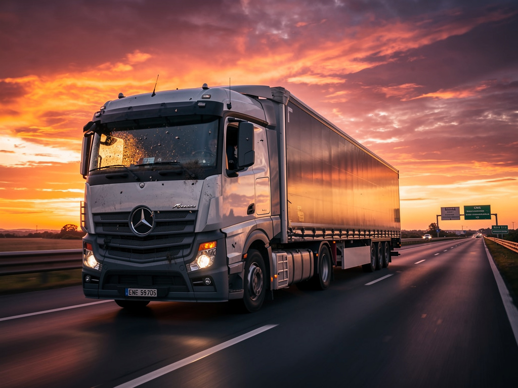 camion poids lourds couché de soleil
