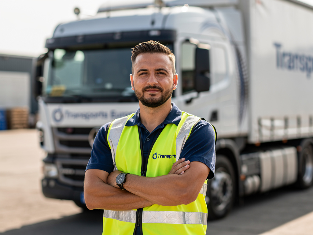 portrait conducteur routier professionnel devant son camion poids lourd