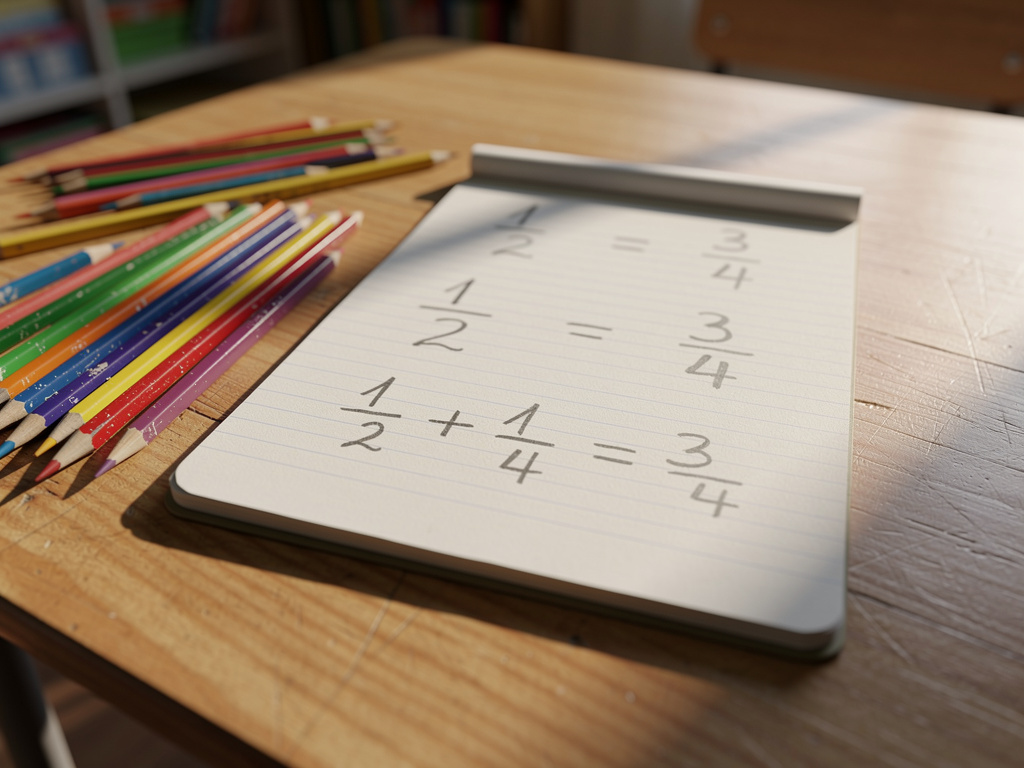 additions sur un cahier, crayons de couleurs posés a coté