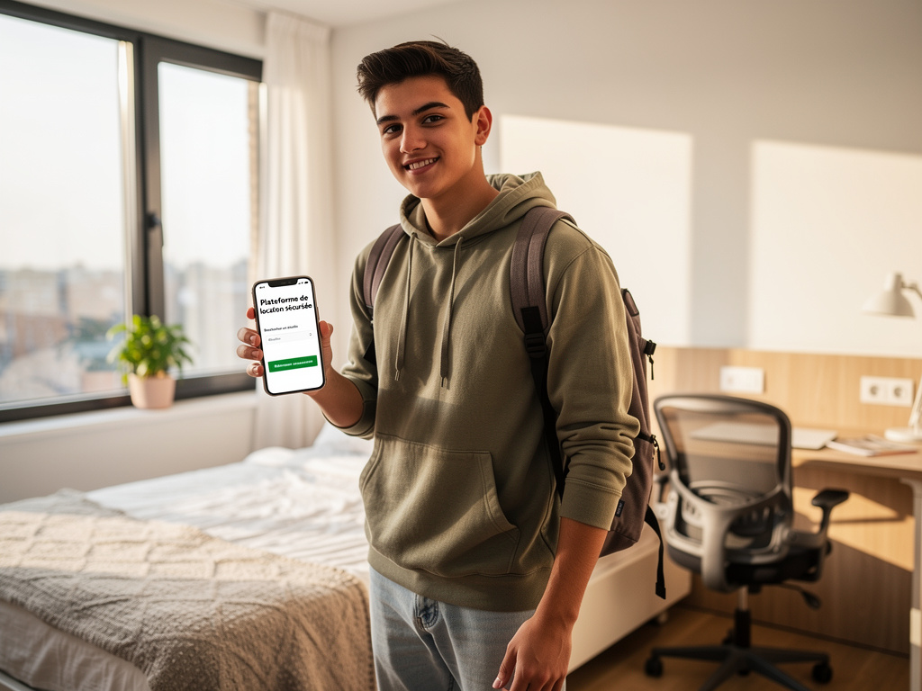 jeune étudiant visitant un studio étudiant moderne, tenant un smartphone affichant une plateforme de location sécurisée