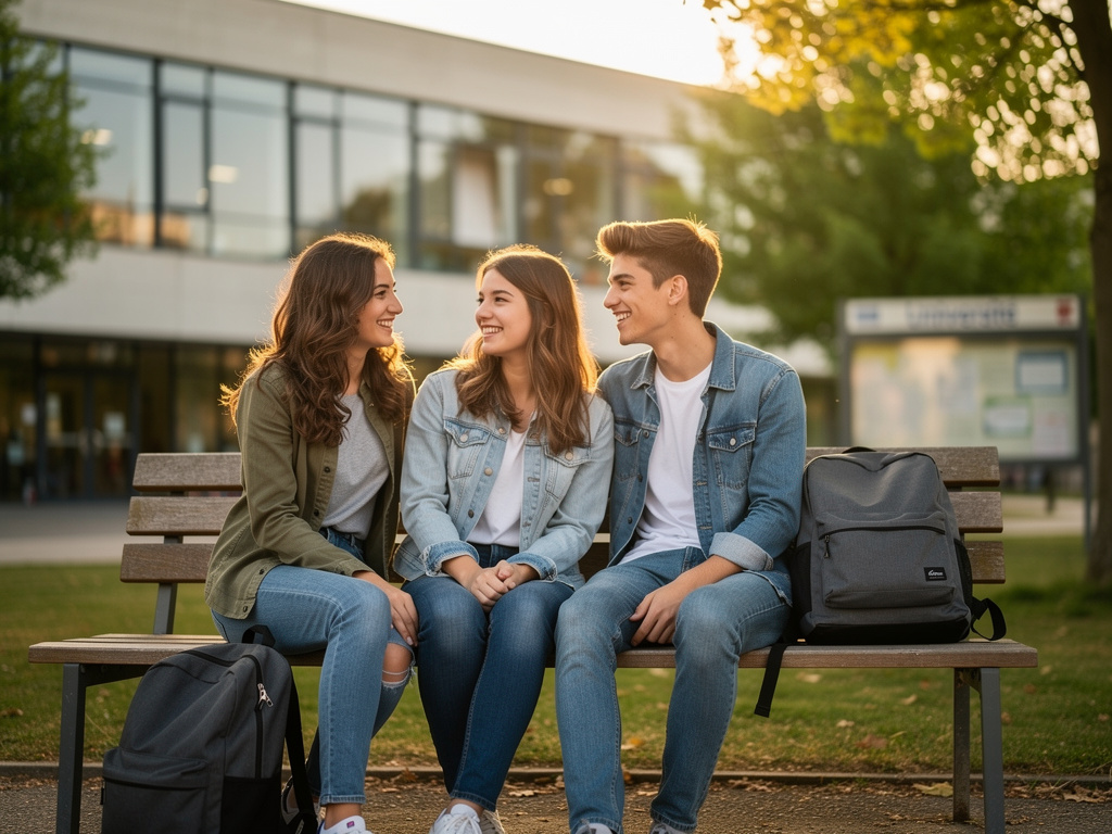  trois étudiants français (18-20 ans), deux filles et un garçon, assis côte à côte sur un banc en bois devant un campus universitaire moderne