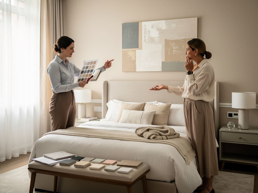 decoratrice ac une cliente qui modifie la deco d'une chambre