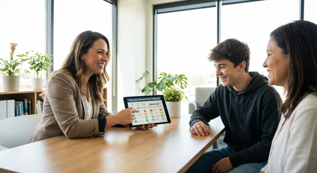 A_friendly_professional_consultant_is_sitting_across_a_table_from_a_student_and_their_parent